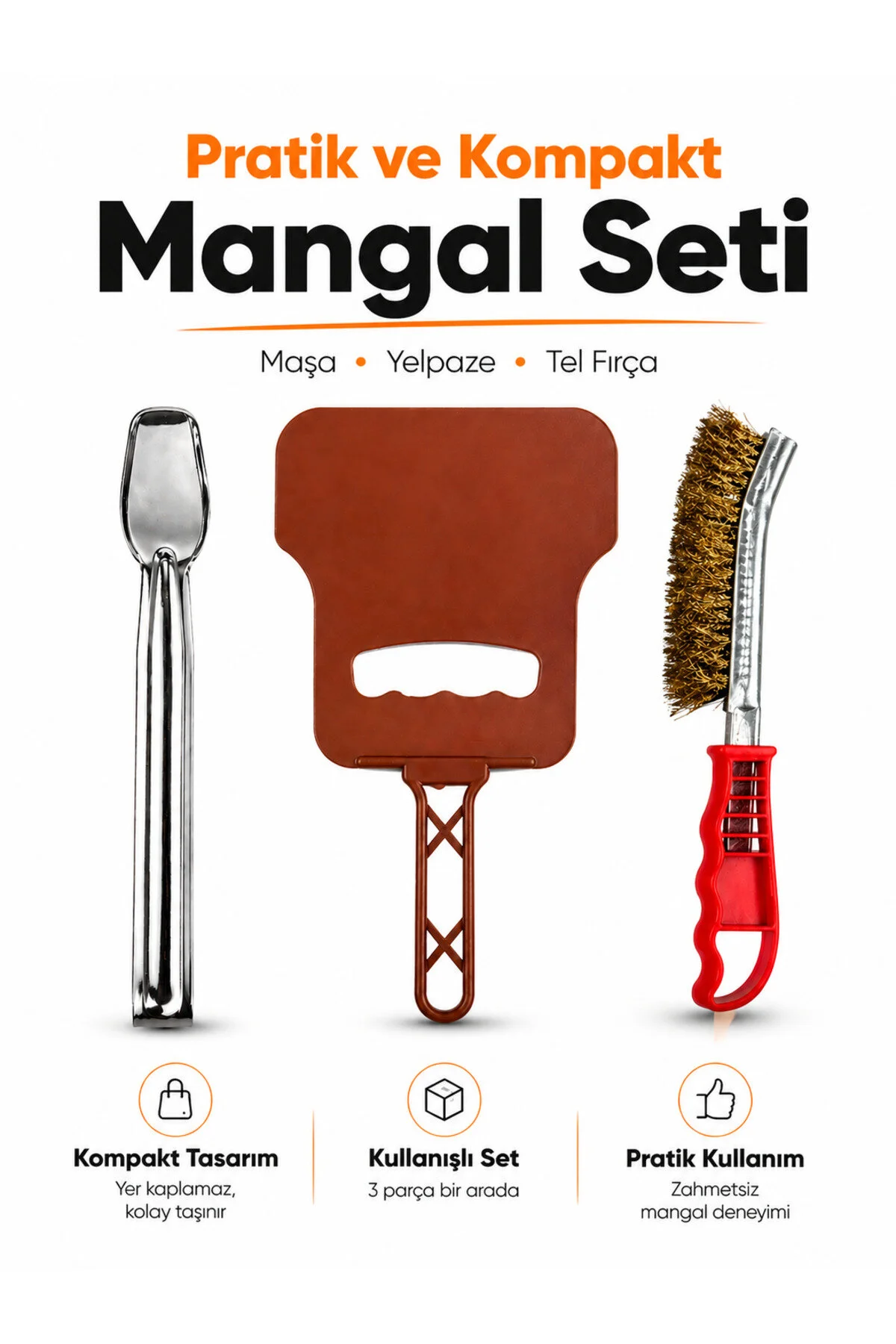 3 Parça Mangal Seti Maşa Yelpaze Tel Fırça Barbekü Seti 2