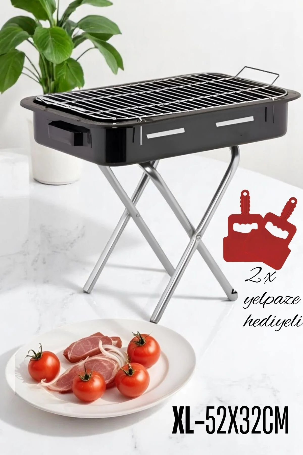 Emaye Mangal Katlanır Ayaklı 52 X 32Cm XL - 2 Adet Yelpaze Hediyeli