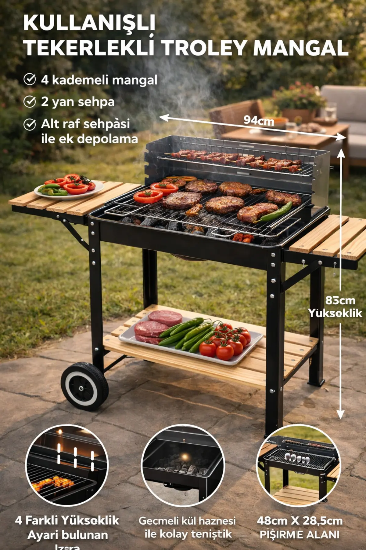 Tekerlekli Mangal İki Ahşap Sehpalı Raflı 4 Adet Kancalı Kömürlü Mangal 94x85cm 2